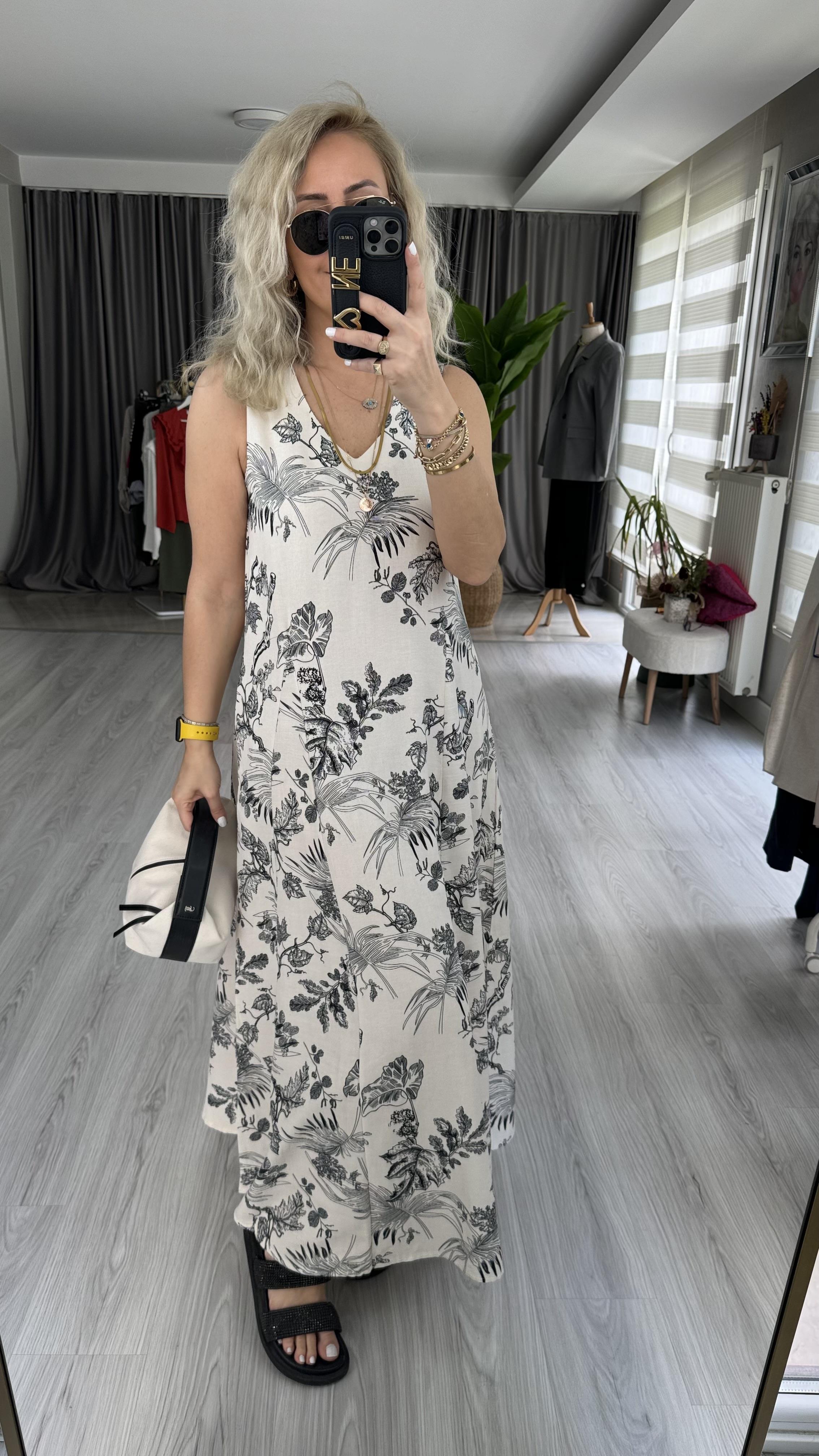 YAPRAK DESEN, CEPLİ, KETEN ELBİSE