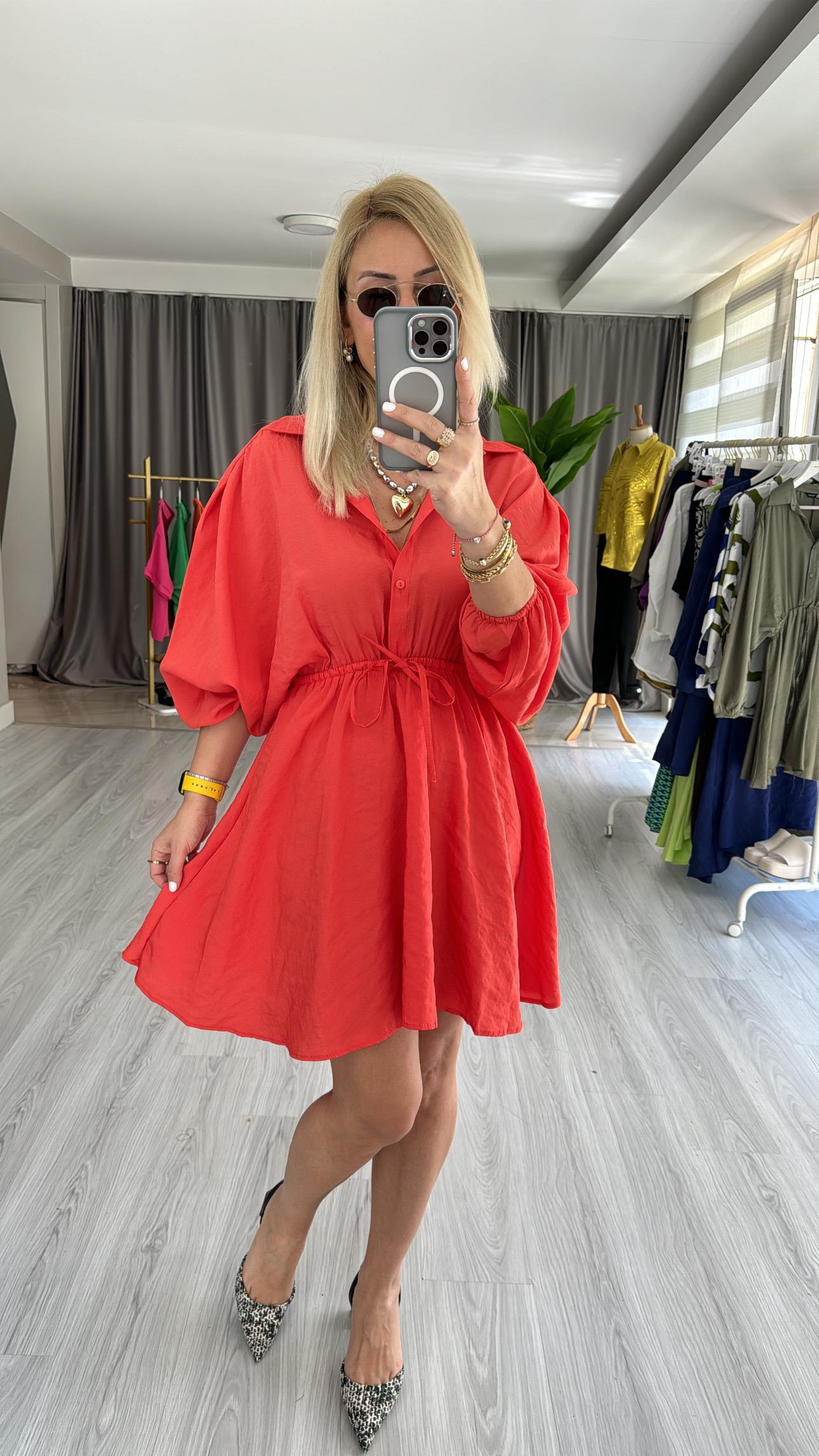 YARASA KOL, BELİ LASTİKLİ TURUNCU GÖMLEK ELBİSE