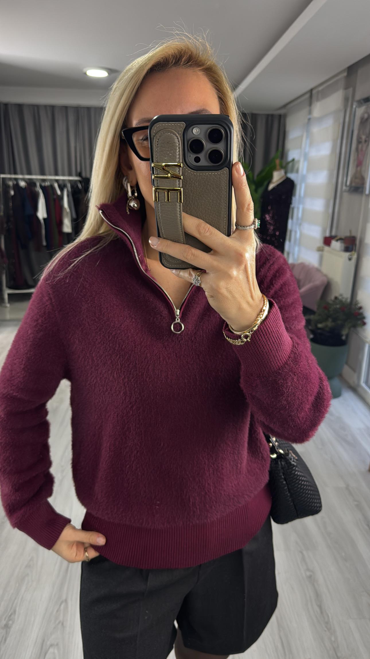 Yarım Fermuarlı Sakallı Yumuşacık Bordo Triko