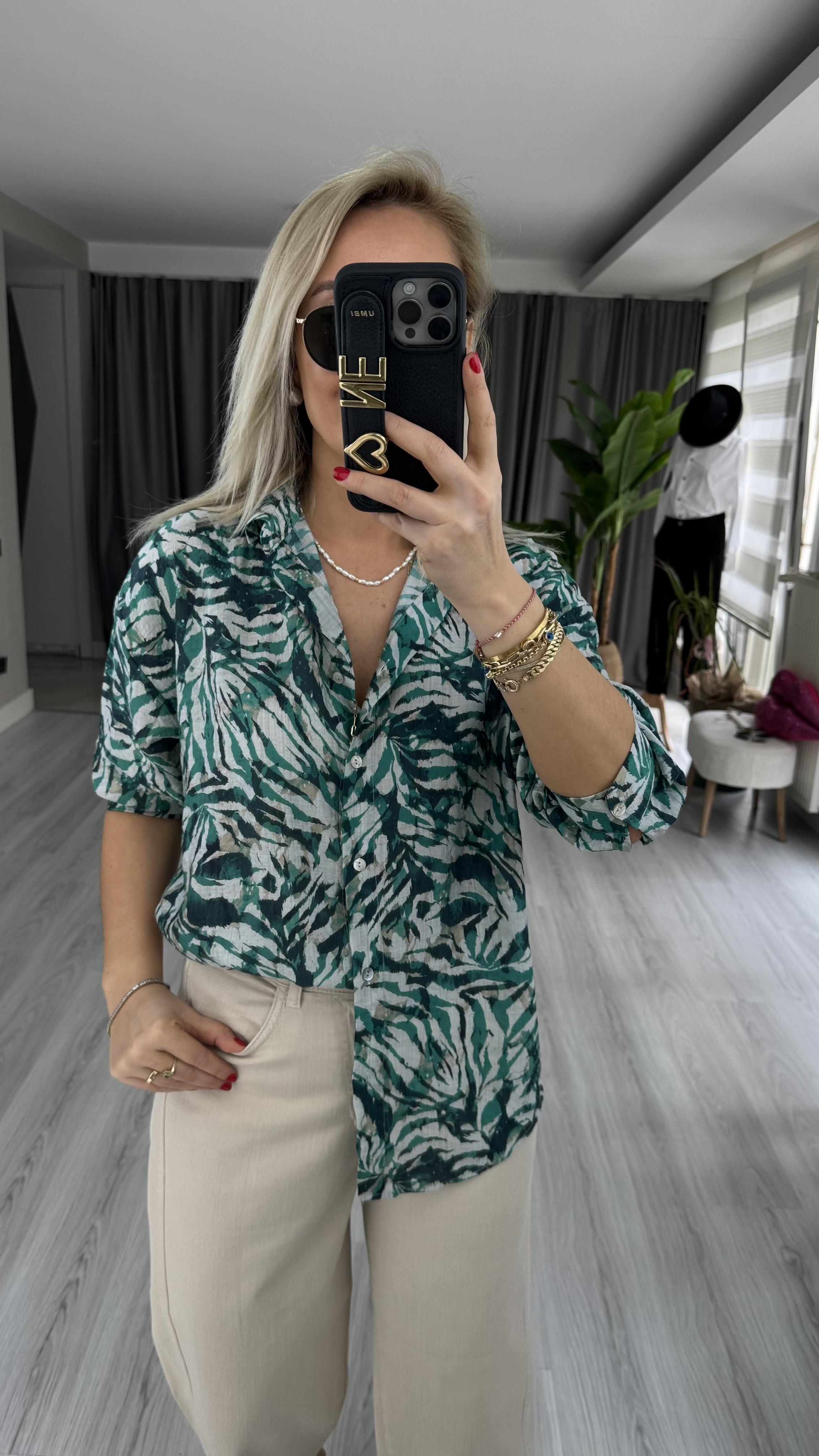 YEŞİL DESENLİ TENCEL GÖMLEK