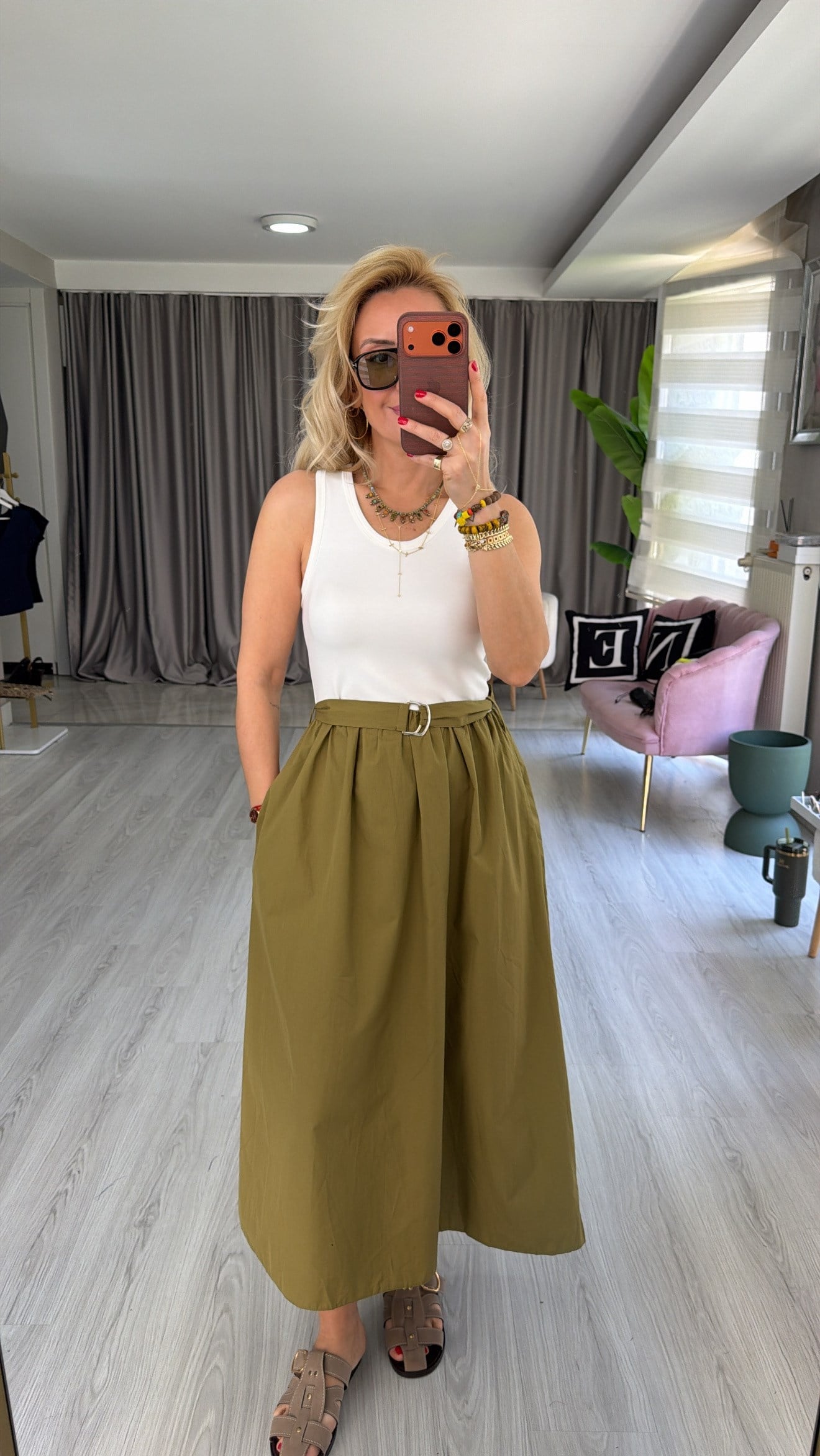 Yeşil Poplin Etekli Kemerli Elbise