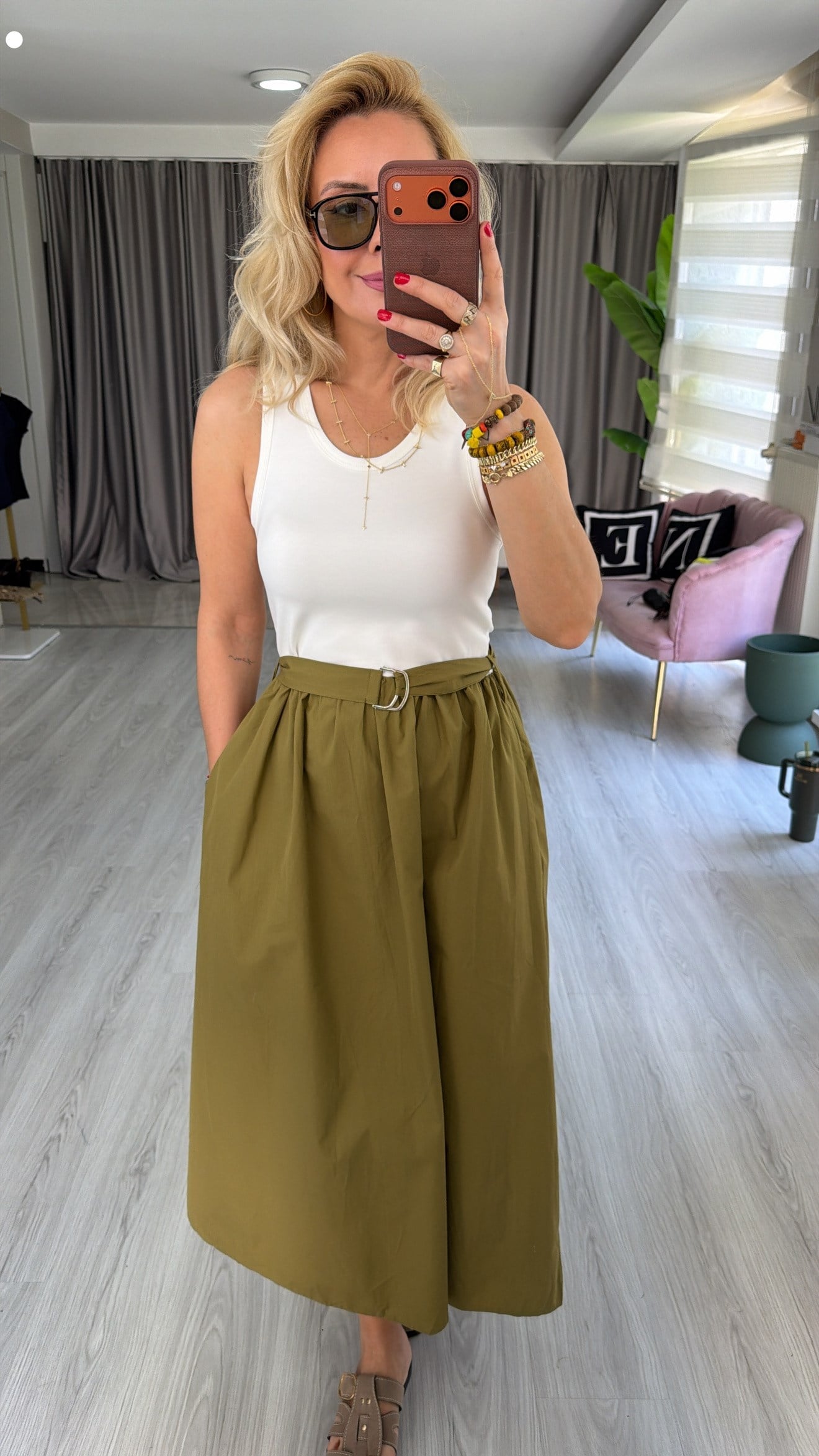 Yeşil Poplin Etekli Kemerli Elbise