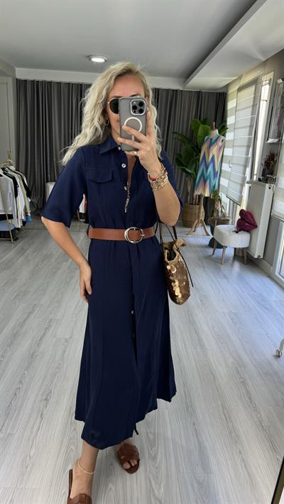  TENCEL MODAL KUMAŞ KEMERLİ LACİVERT GÖMLEK ELBİSE