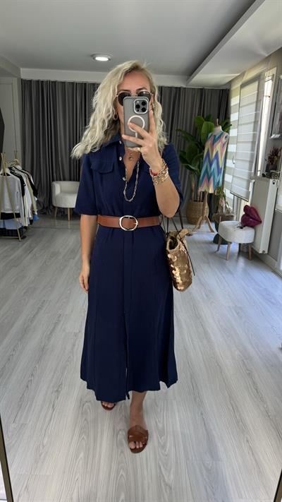  TENCEL MODAL KUMAŞ KEMERLİ LACİVERT GÖMLEK ELBİSE