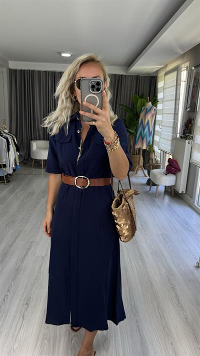  TENCEL MODAL KUMAŞ KEMERLİ LACİVERT GÖMLEK ELBİSE