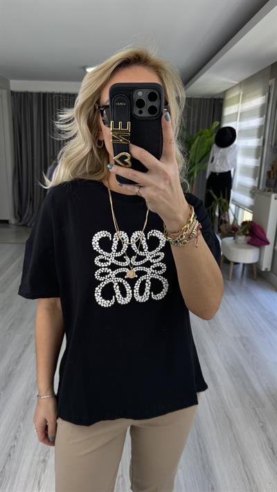 %100 COTTON KABARTMA MARKA LOGOLU SİYAH TİŞÖRT