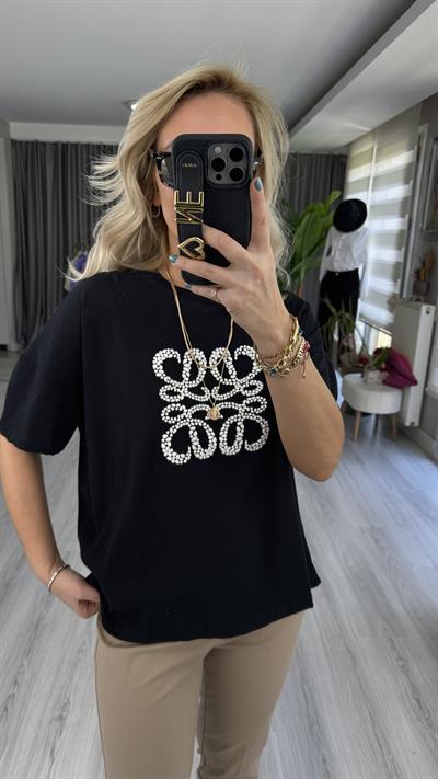 %100 COTTON KABARTMA MARKA LOGOLU SİYAH TİŞÖRT