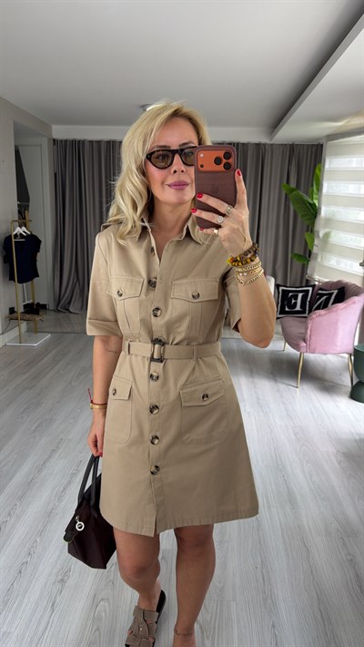 %100 Cotton Kemerli Bej Gömlek Elbise