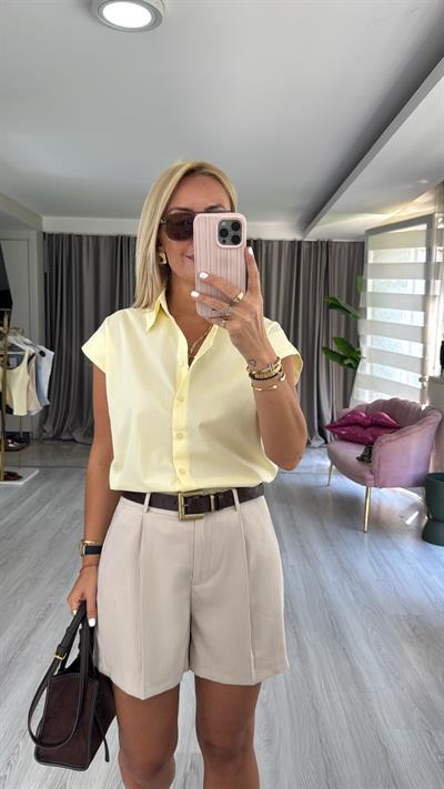 %100 Cotton T Kol Sarı Gömlek