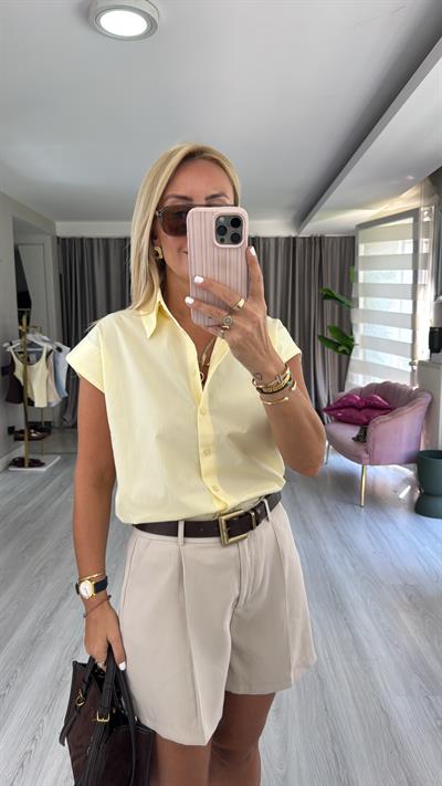 %100 Cotton T Kol Sarı Gömlek