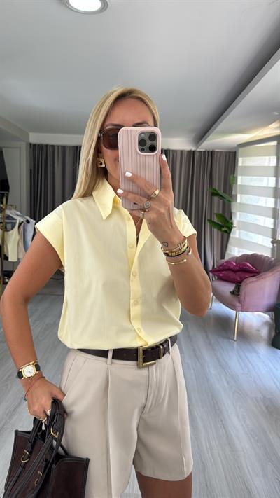 %100 Cotton T Kol Sarı Gömlek