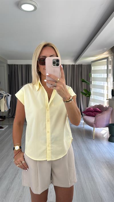 %100 Cotton T Kol Sarı Gömlek