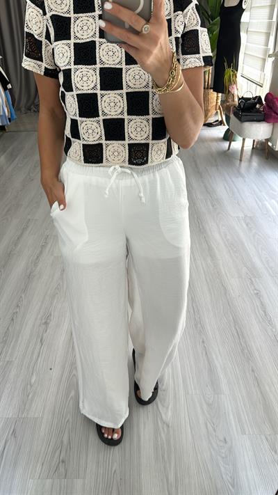 %100 KETEN BELİ LASTİKLİ İÇİ ASTARLI BEYAZ PANTOLON