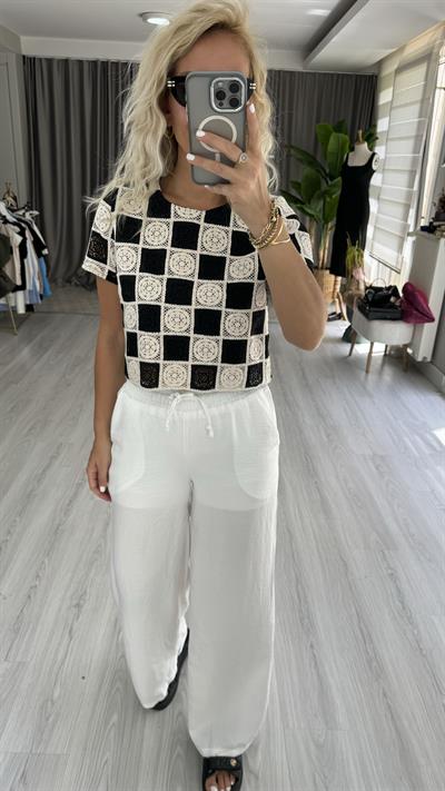 %100 KETEN BELİ LASTİKLİ İÇİ ASTARLI BEYAZ PANTOLON