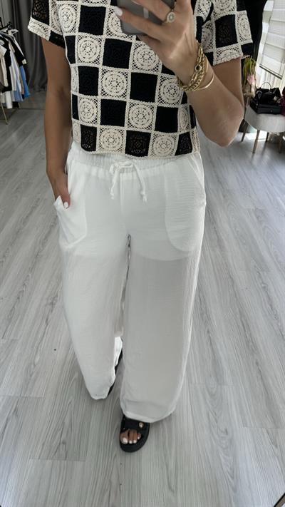 %100 KETEN BELİ LASTİKLİ İÇİ ASTARLI BEYAZ PANTOLON