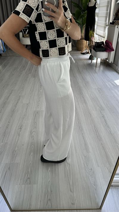 %100 KETEN BELİ LASTİKLİ İÇİ ASTARLI BEYAZ PANTOLON