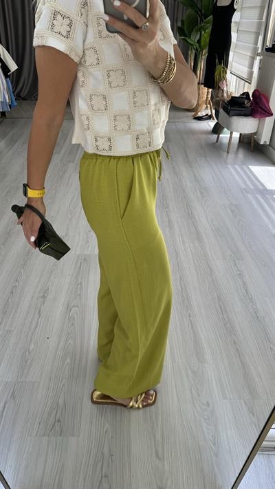 %100 KETEN BELİ LASTİKLİ YAĞ YEŞİLİ PANTOLON