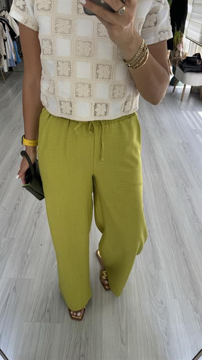 %100 KETEN BELİ LASTİKLİ YAĞ YEŞİLİ PANTOLON