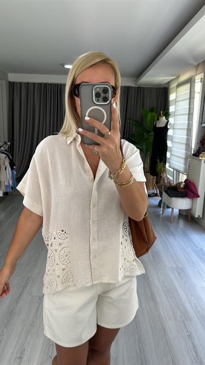 %100 KETEN BRODELİ EKRU RENGİ GÖMLEK