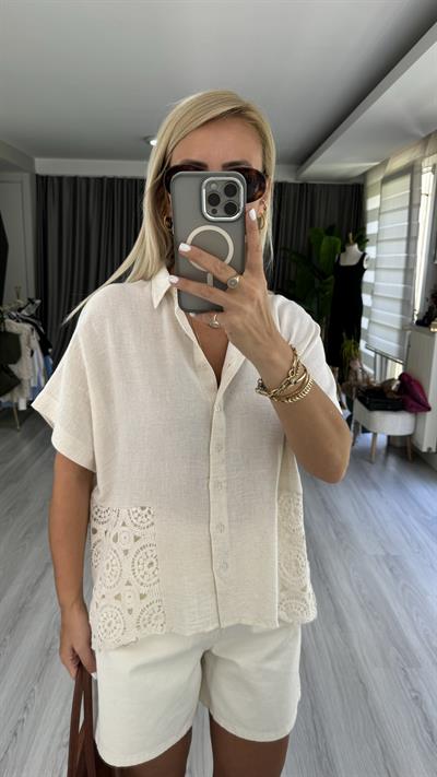 %100 KETEN BRODELİ EKRU RENGİ GÖMLEK