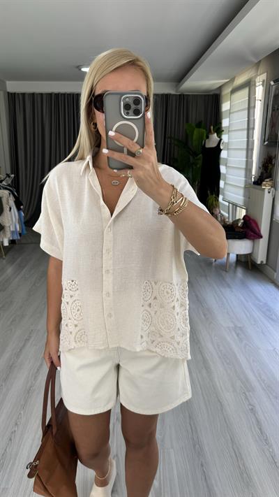 %100 KETEN BRODELİ EKRU RENGİ GÖMLEK