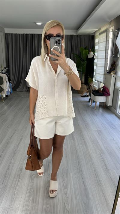 %100 KETEN BRODELİ EKRU RENGİ GÖMLEK