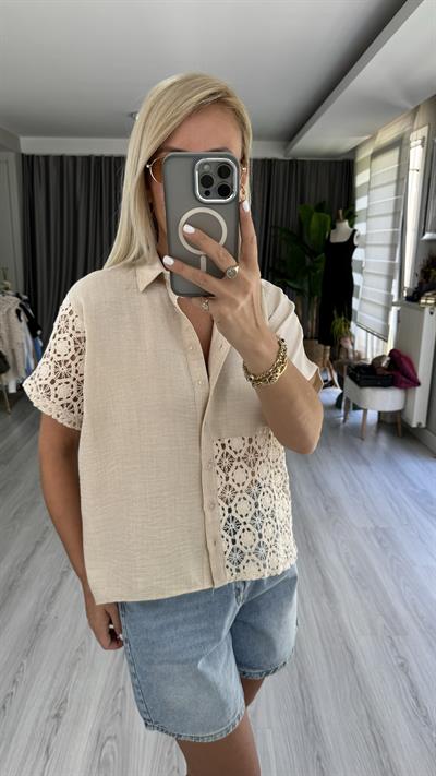 %100 KETEN BRODELİ TAŞ RENGİ GÖMLEK