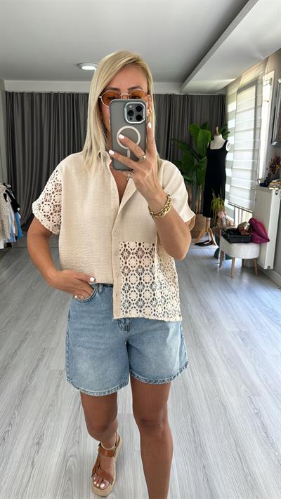 %100 KETEN BRODELİ TAŞ RENGİ GÖMLEK