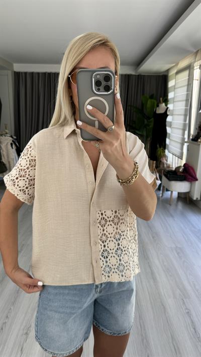 %100 KETEN BRODELİ TAŞ RENGİ GÖMLEK