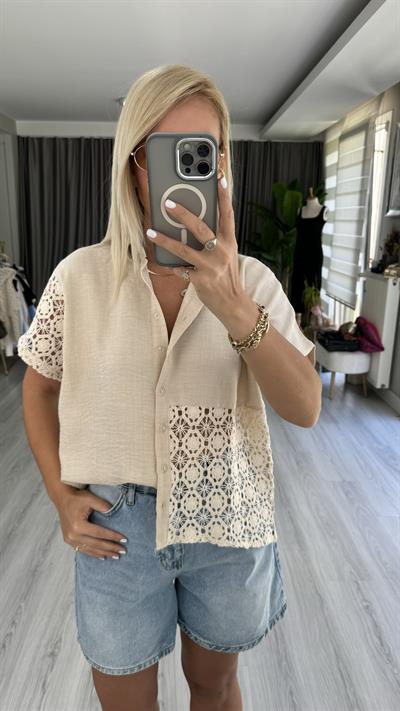 %100 KETEN BRODELİ TAŞ RENGİ GÖMLEK