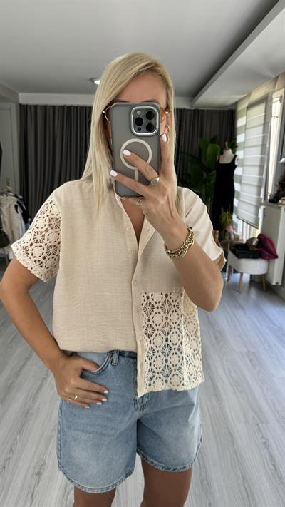 %100 KETEN BRODELİ TAŞ RENGİ GÖMLEK