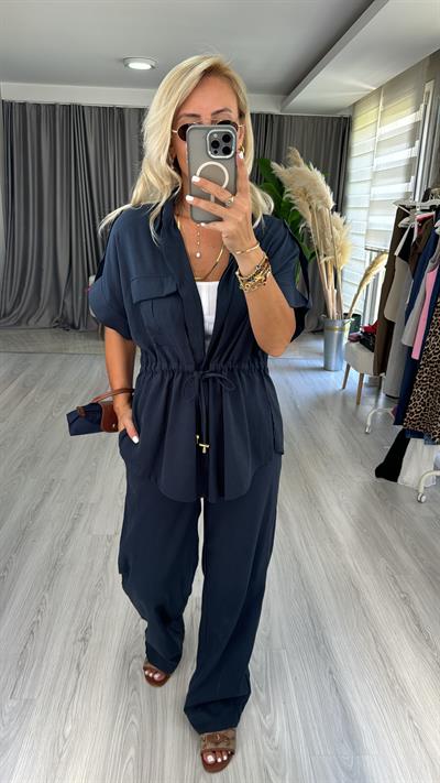 %100 Keten Lacivert Premium Takım