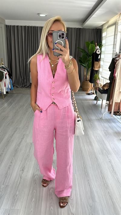 %100 KETEN YELEKLİ PEMBE TAKIM