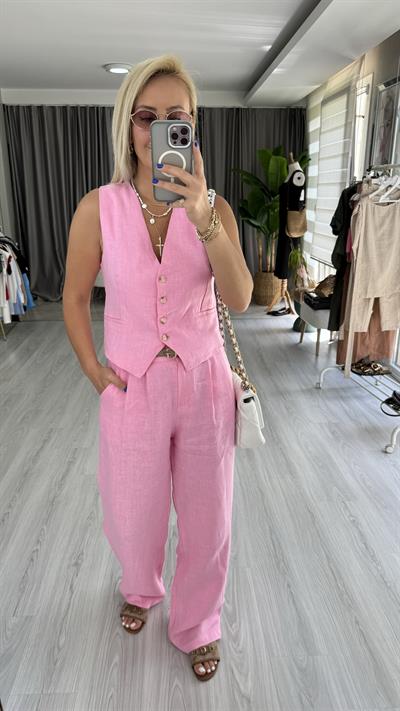 %100 KETEN YELEKLİ PEMBE TAKIM