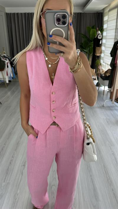 %100 KETEN YELEKLİ PEMBE TAKIM