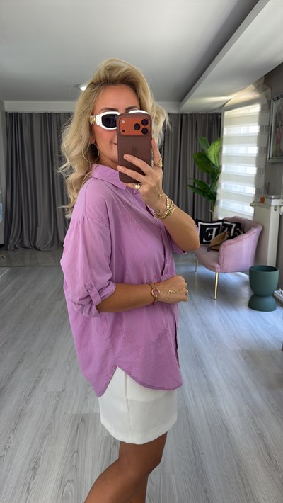 %100 Koton Çiçek Nakış Detaylı Lila Gömlek