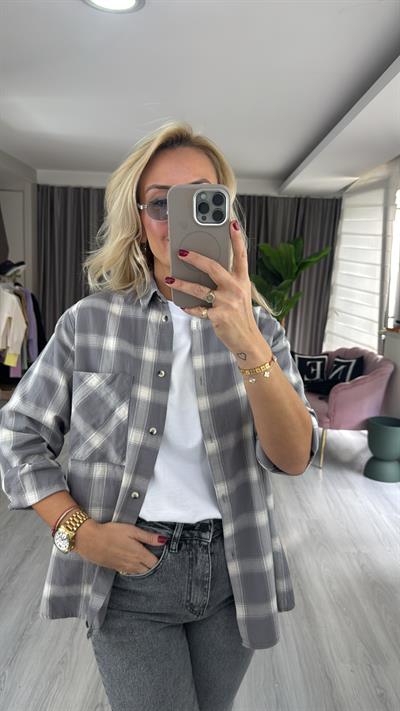 %100 Koton Gri Ekoseli Gömlek