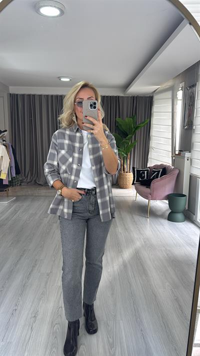 %100 Koton Gri Ekoseli Gömlek