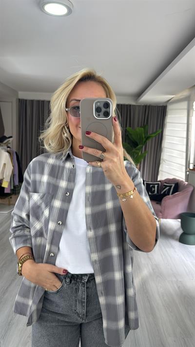 %100 Koton Gri Ekoseli Gömlek