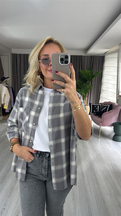 %100 Koton Gri Ekoseli Gömlek