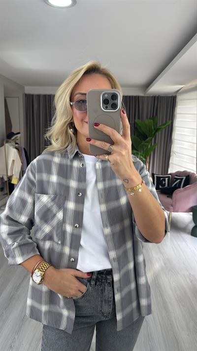 %100 Koton Gri Ekoseli Gömlek