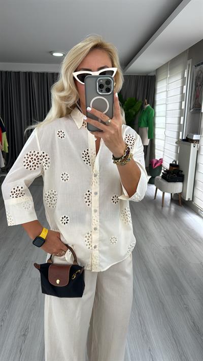 %100 Koton Güpürlü Gömlek / Vanilya