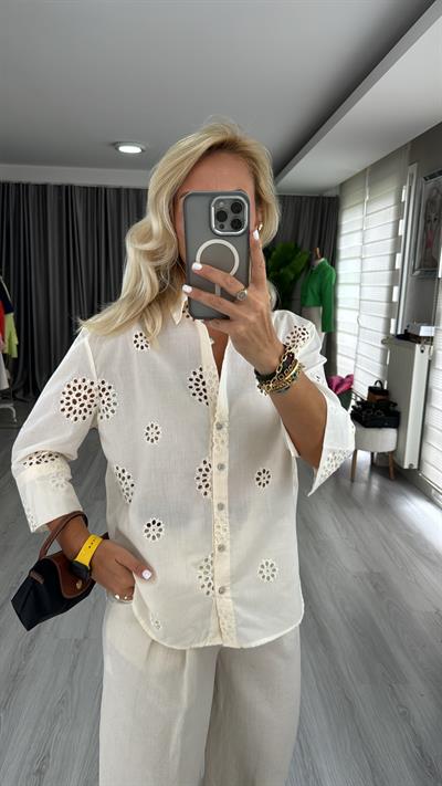 %100 Koton Güpürlü Gömlek / Vanilya