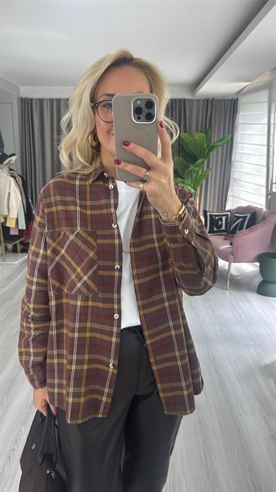 %100 Koton Kahve Ekoseli Gömlek