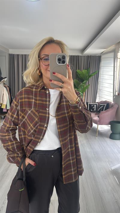 %100 Koton Kahve Ekoseli Gömlek