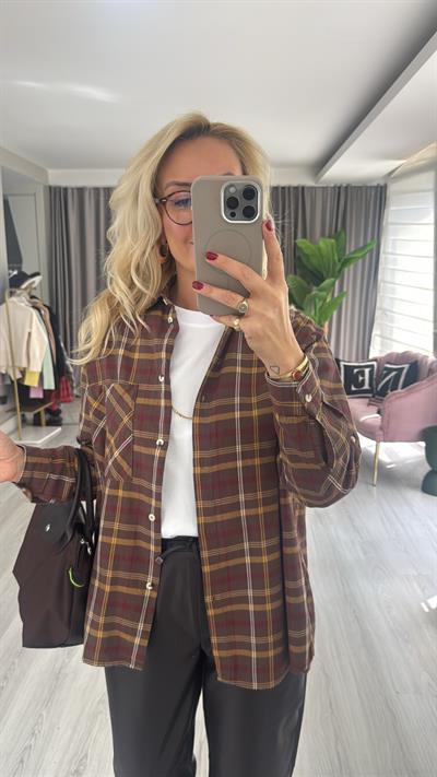 %100 Koton Kahve Ekoseli Gömlek