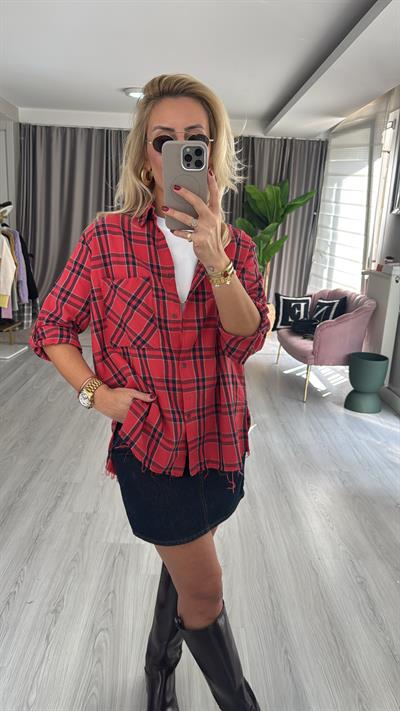 %100 Koton Kırmızı Ekoseli Gömlek