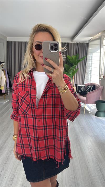 %100 Koton Kırmızı Ekoseli Gömlek