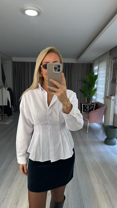 %100 Pamuk Belden Oturmalı Beyaz Tasarım Gömlek