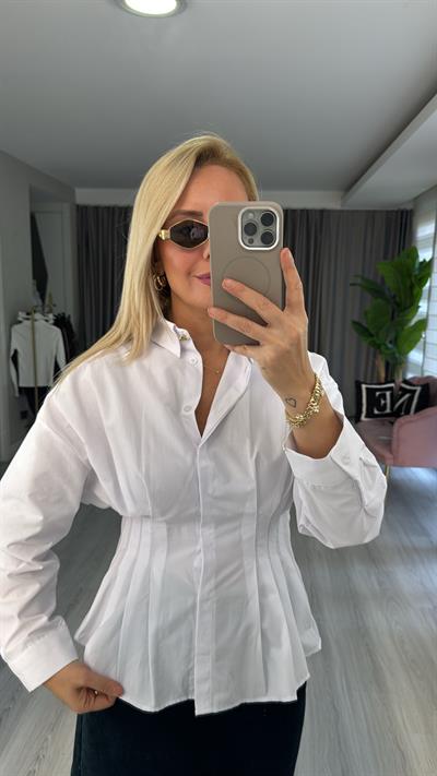 %100 Pamuk Belden Oturmalı Beyaz Tasarım Gömlek